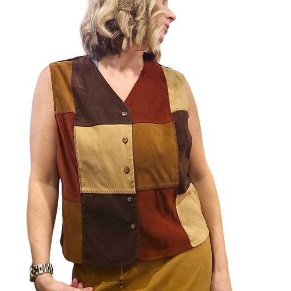 Vintage Tops - 90s Large Faux Suede Patchwork Vest Earth Tones Brown Tan Burgundy